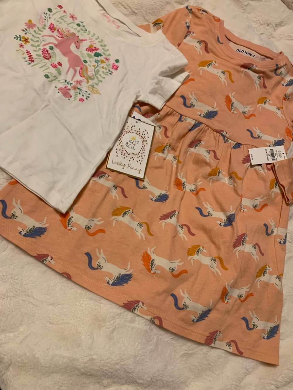 NWT Cute Unicorn Duo Peach Old Navy Dress and Lucky Penny Cream Top Size 3T